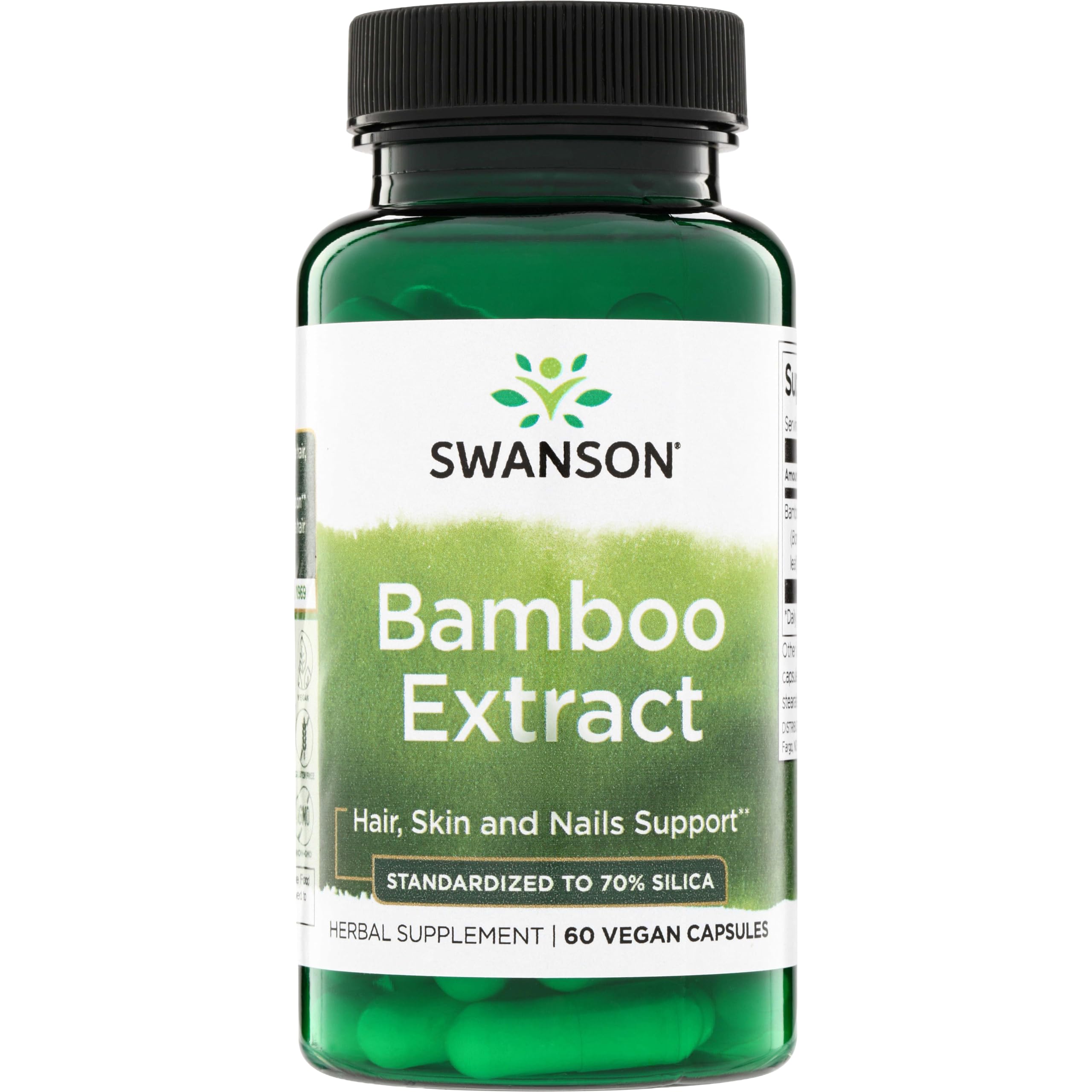 Swanson empaque frontal del extracto de bambú mostrando dosis y beneficio general