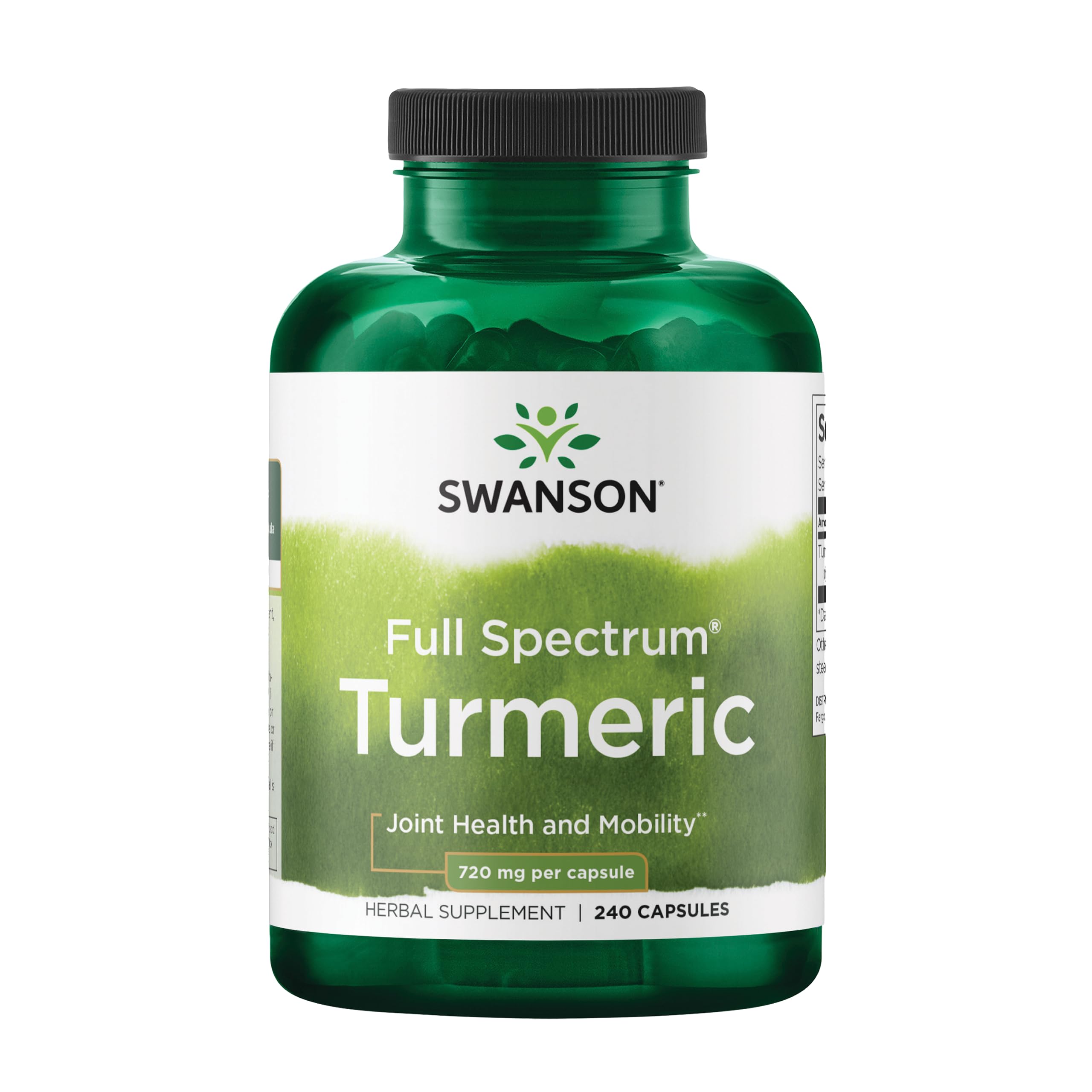 Swanson envase frontal Full Spectrum Turmeric con diseño claro y ventaja de 240 cápsulas