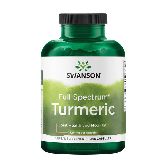 Swanson envase frontal Full Spectrum Turmeric con diseño claro y ventaja de 240 cápsulas