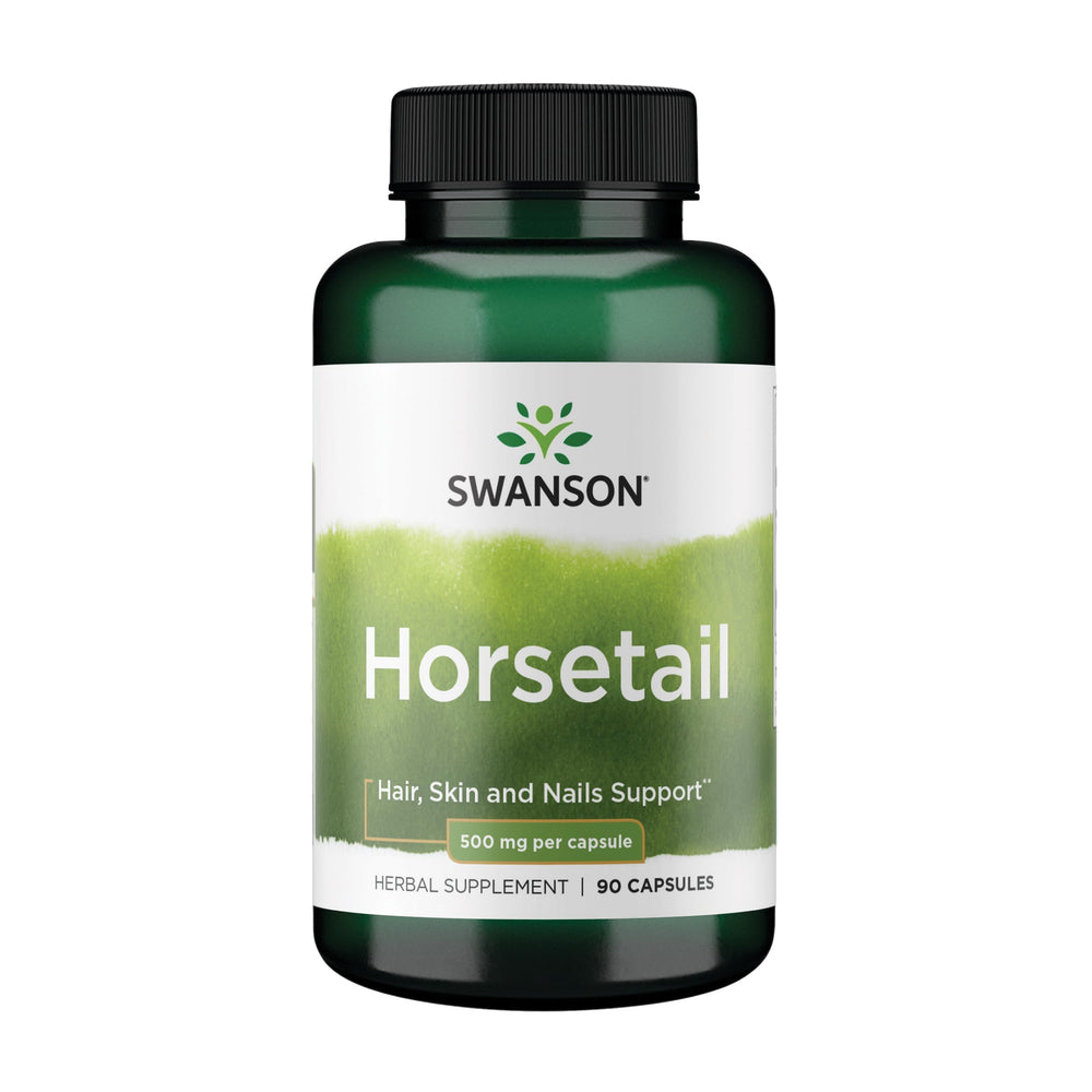 Swanson Horsetail frontal con botella mostrando presentación y beneficio estético