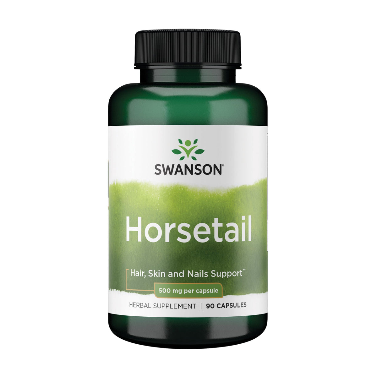 Swanson Horsetail frontal con botella mostrando presentación y beneficio estético