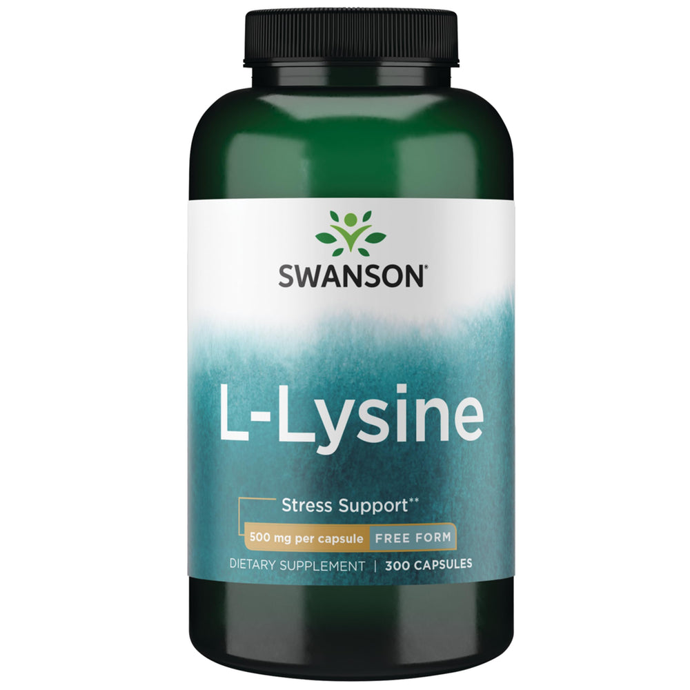 Swanson L-Lysine frontal mostrando envase y cantidad 300 cápsulas beneficio conveniencia