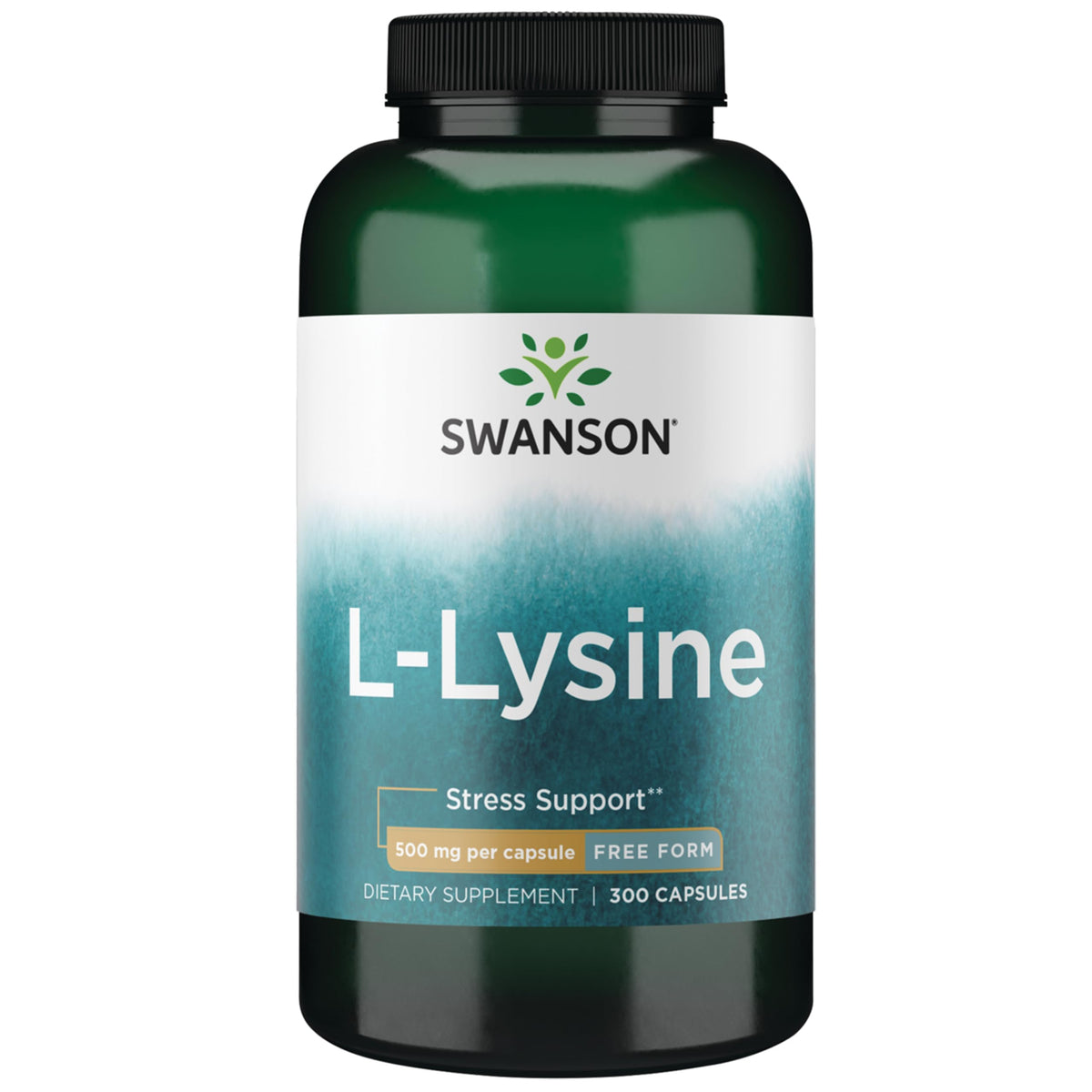 Swanson L-Lysine frontal mostrando envase y cantidad 300 cápsulas beneficio conveniencia