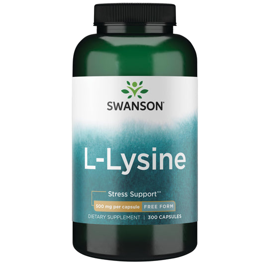 Swanson L-Lysine frontal mostrando envase y cantidad 300 cápsulas beneficio conveniencia