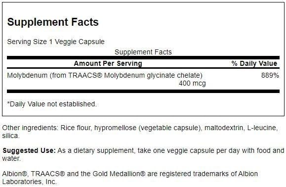 Cápsulas vegetales Swanson molibdeno quelado para apoyo nutricional diario.