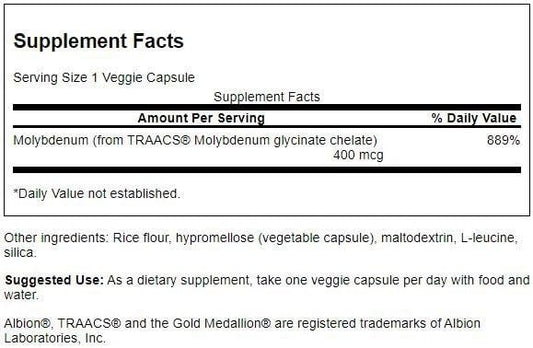 Cápsulas vegetales Swanson molibdeno quelado para apoyo nutricional diario.