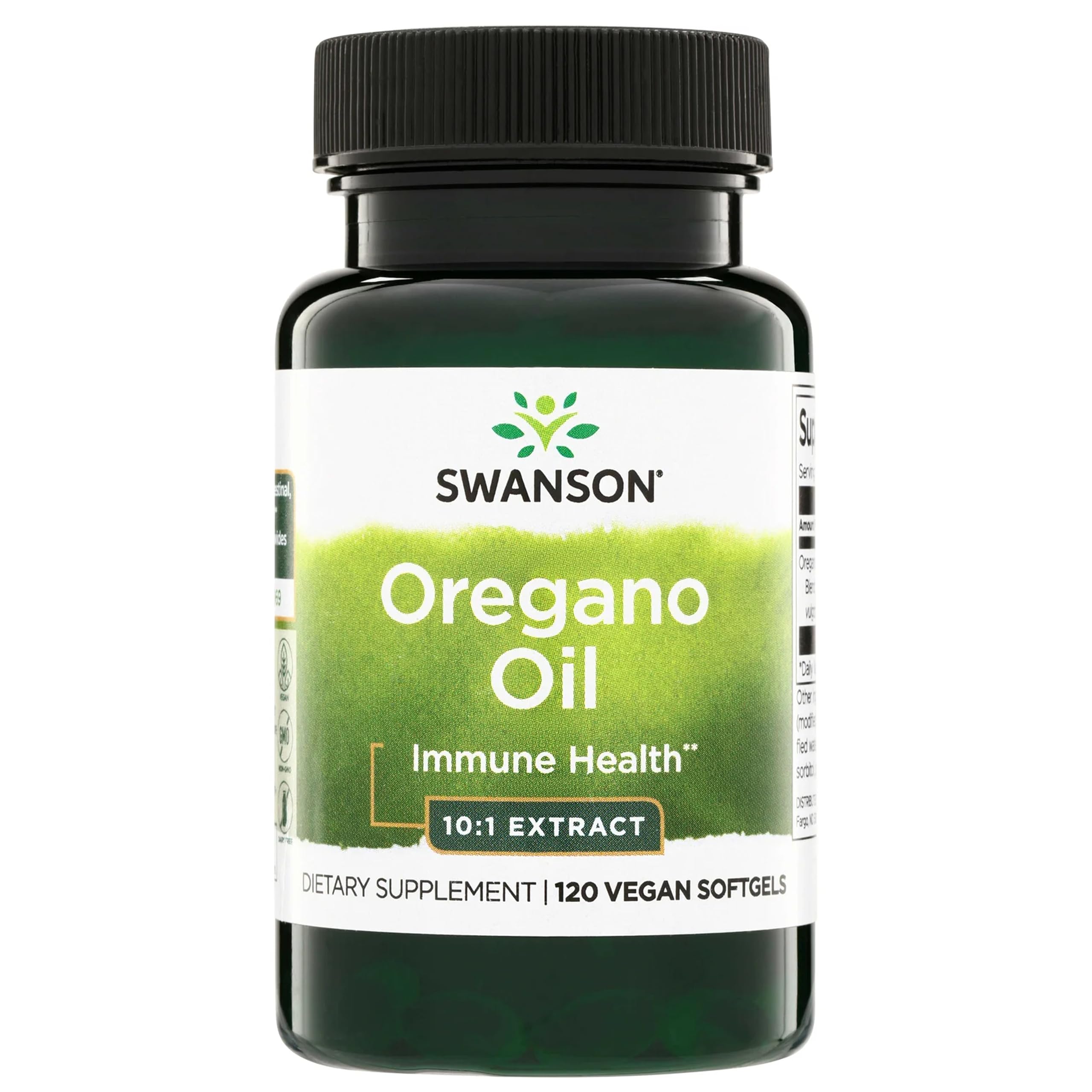 Swanson botella frontal mostrando orégano 10:1 y beneficio de apoyo digestivo