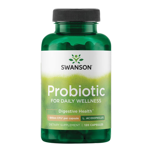 Swanson Probiotic: botella de cápsulas para apoyar la regularidad intestinal.
