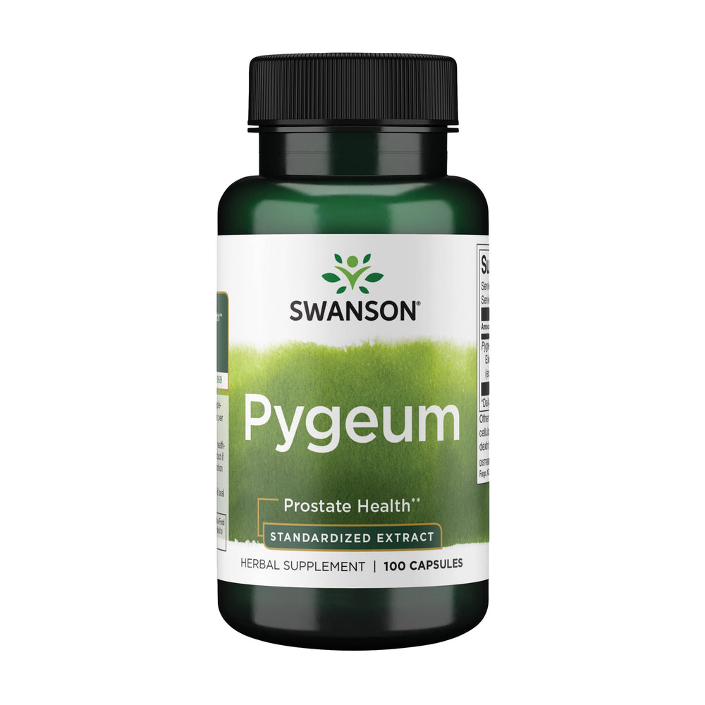 Swanson frasco frontal del suplemento pygeum muestra diseño y cantidad