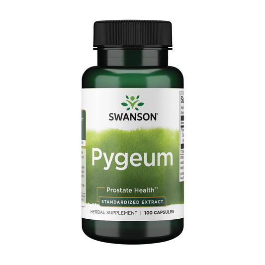 Swanson frasco frontal del suplemento pygeum muestra diseño y cantidad