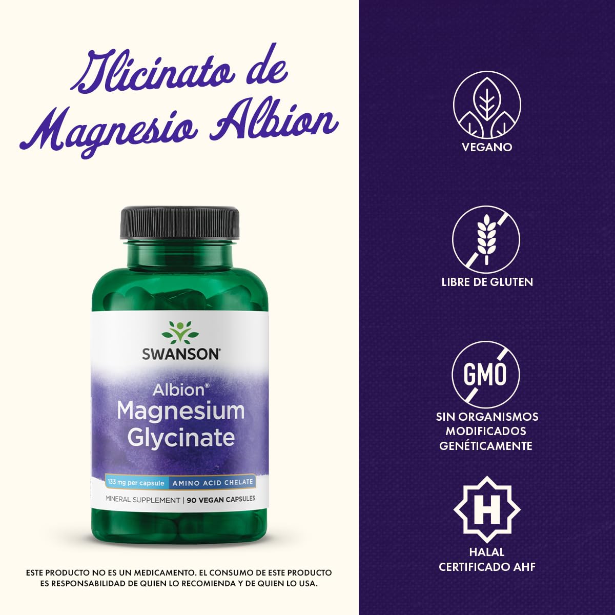 Swanson Albion Chelated Magnesium comparación de tamaño en mano, indica porciones por frasco