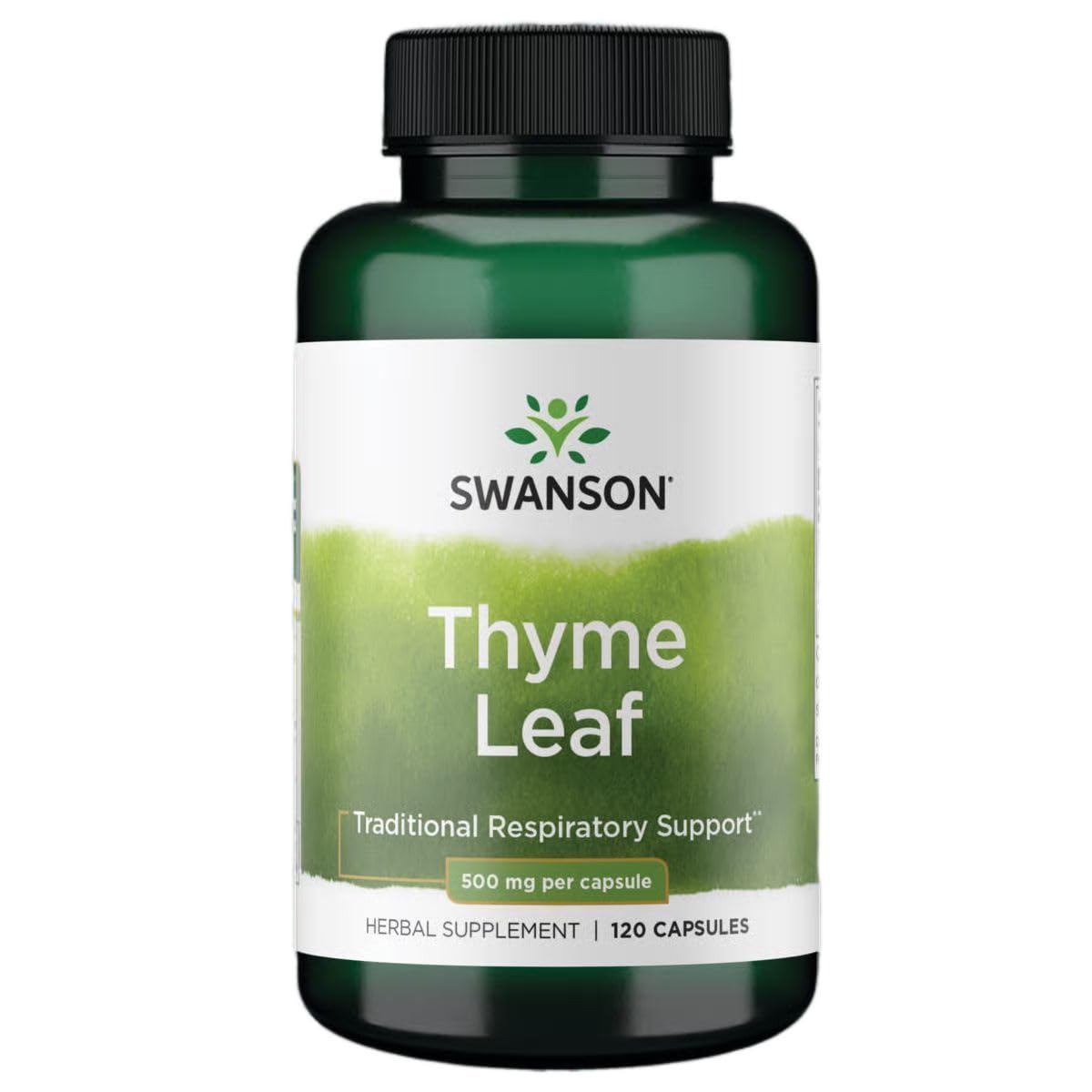 Swanson frasco frontal de Thyme Leaf 500 mg mostrando envase y cantidad