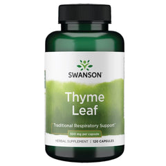 Swanson frasco frontal de Thyme Leaf 500 mg mostrando envase y cantidad