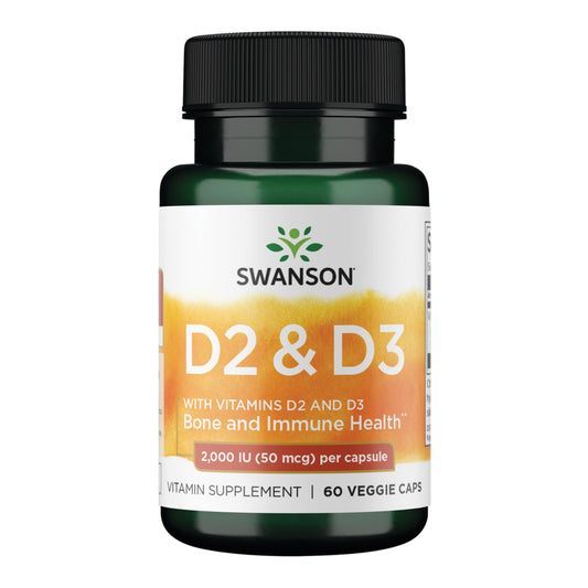 Swanson Vitamin D Complex botella frontal mostrando dosis y beneficios posibles