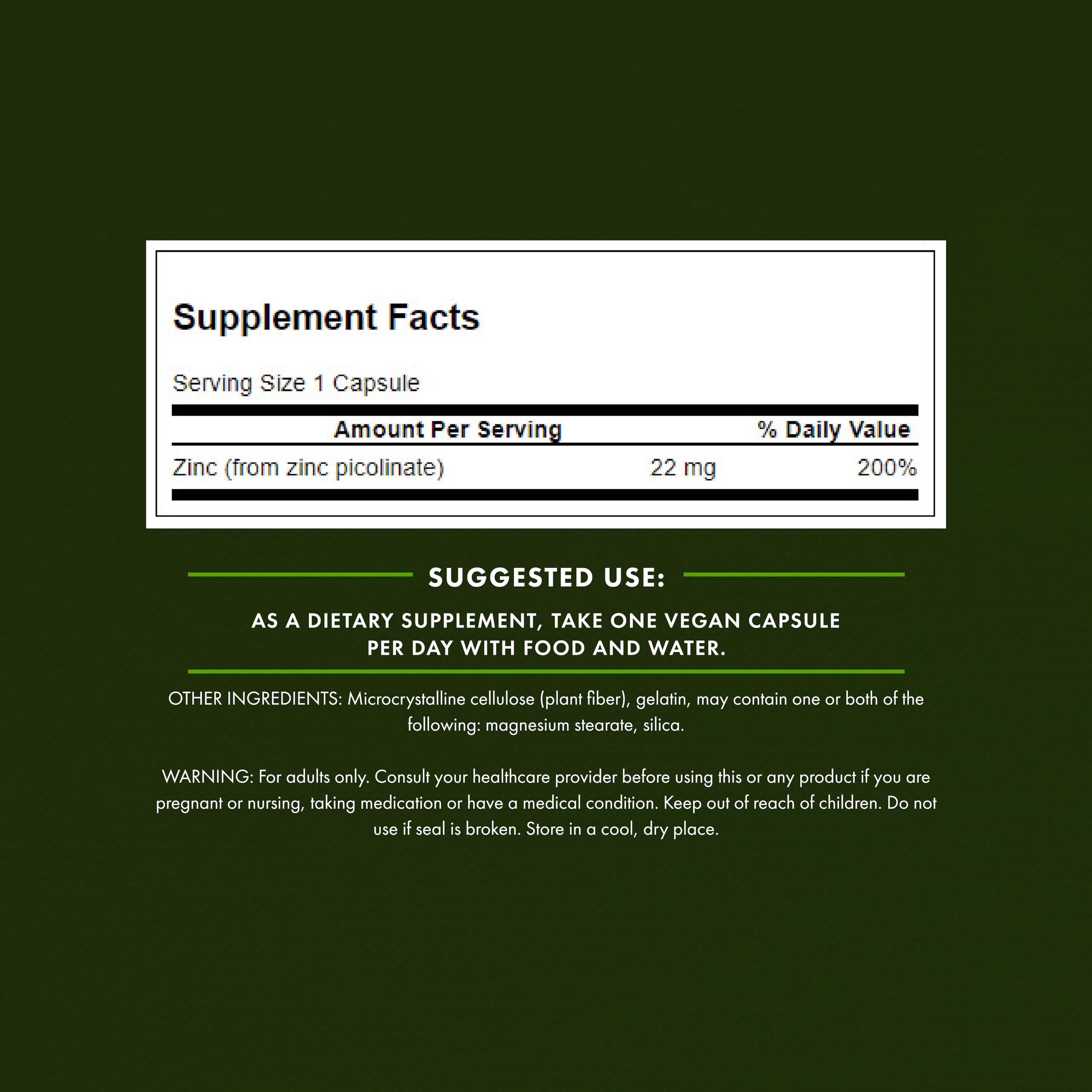 Swanson etiqueta nutricional con información de 22 mg zinc