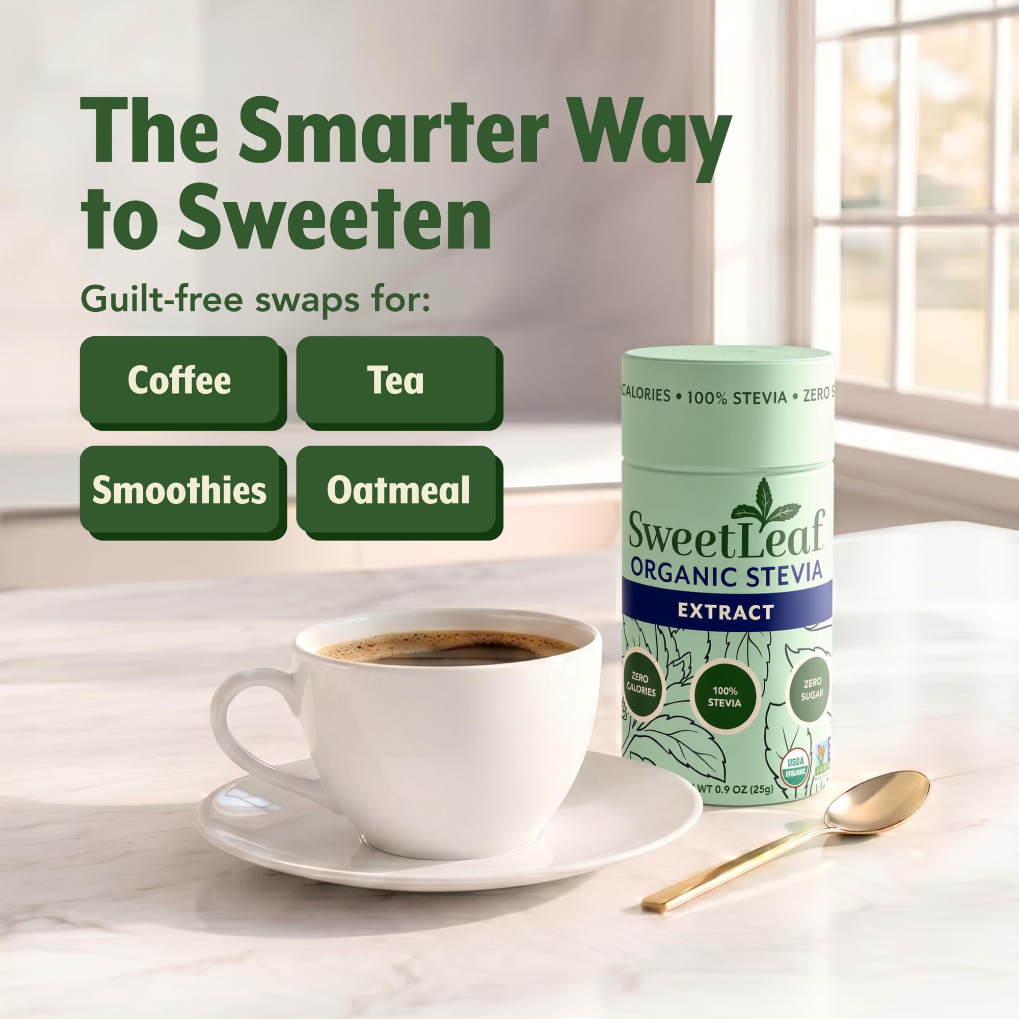 SweetLeaf junto a ingredientes de repostería, sustituto práctico del azúcar