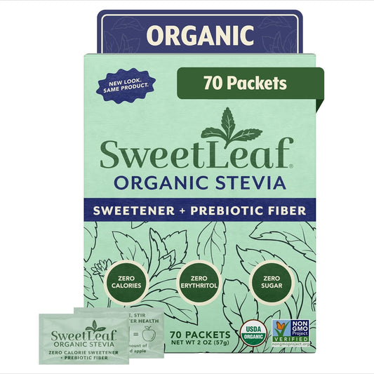 SweetLeaf frente del empaque mostrando 70 sobres y conveniencia