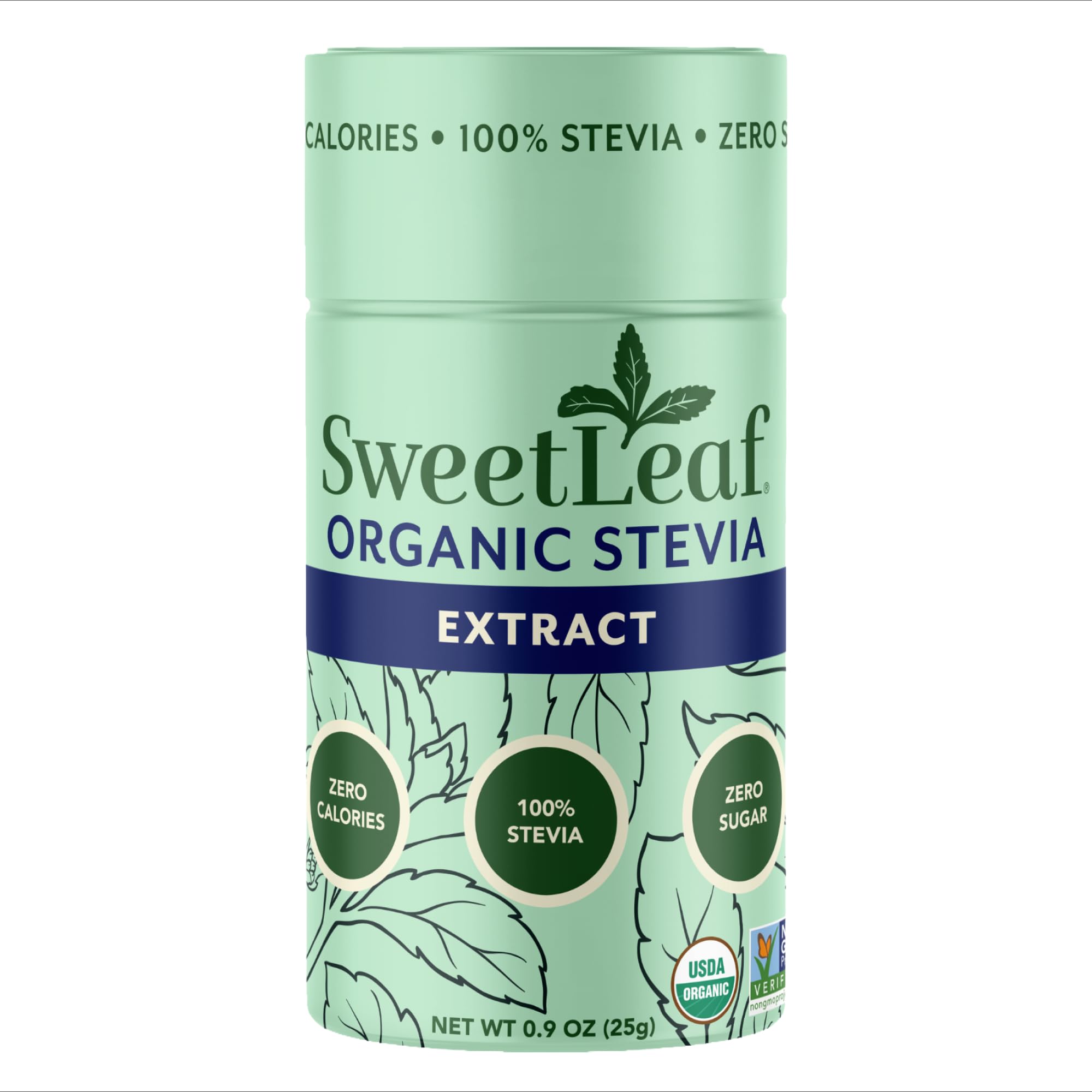 SweetLeaf frasco shaker frontal mostrando diseño y facilidad de dosificación
