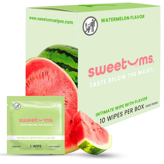 Sweetums paquete frontal mostrando 10 toallitas, práctico y portátil
