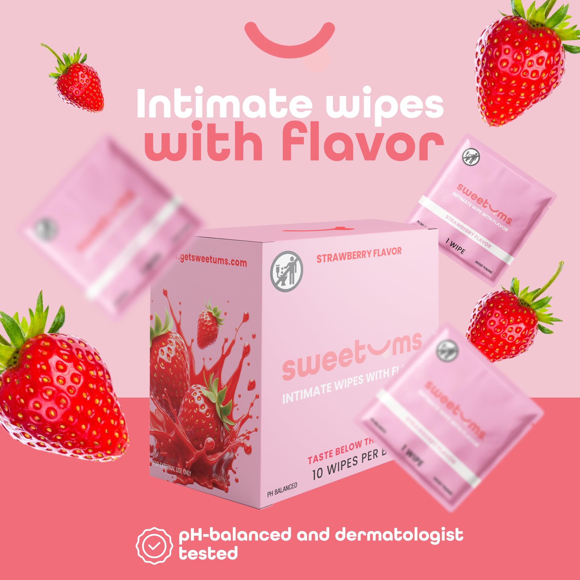 Sweetums sobre individual abierto con toallita visible, práctico para llevar y usar