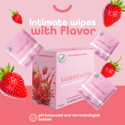 Sweetums sobre individual abierto con toallita visible, práctico para llevar y usar