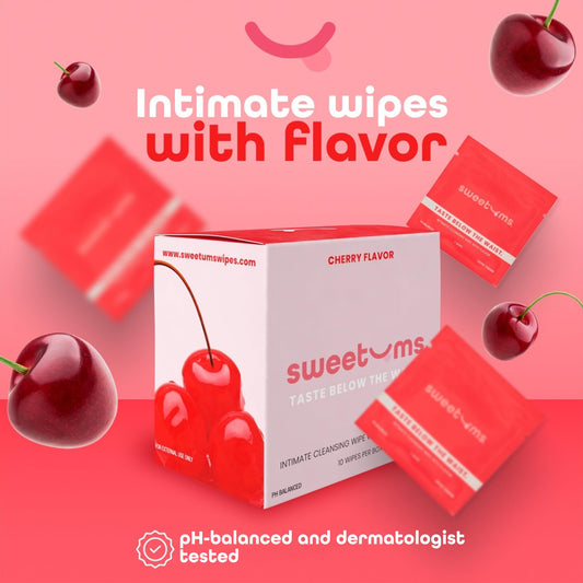 Compact on-the-go packaging of Sweetums feminine wipes for quick refresh