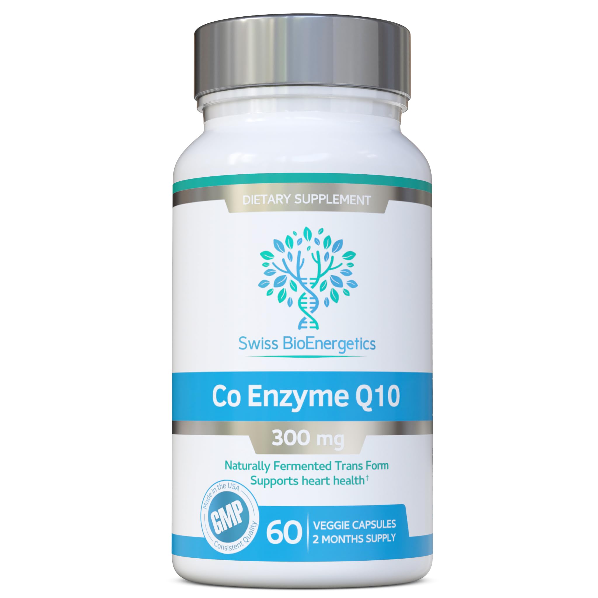 Swiss Bioenergetics envase frontal mostrando CoQ10 300 mg y pureza