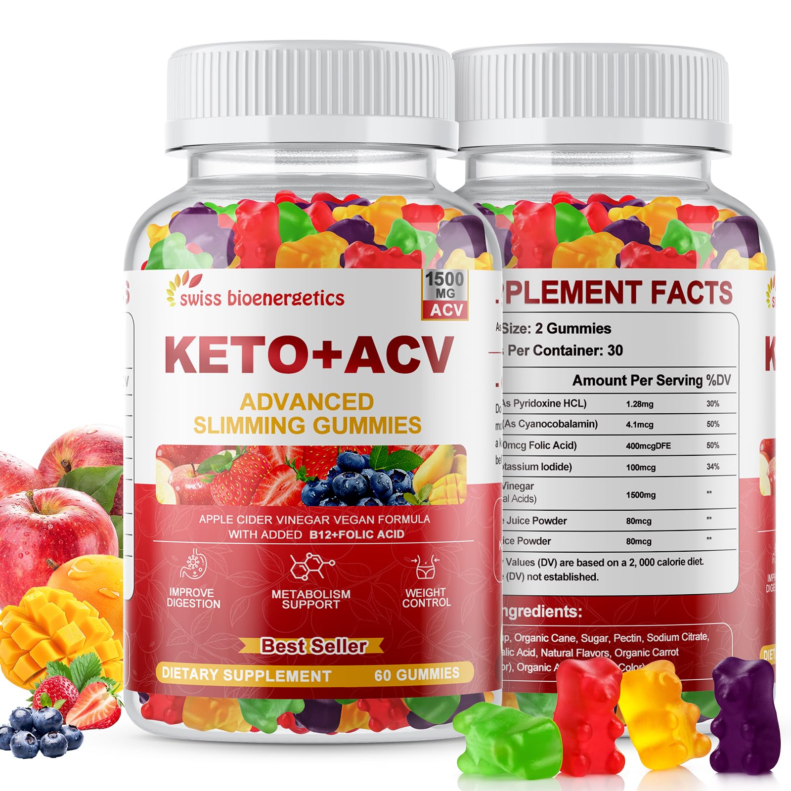 swiss bioenergetics frasco delantero de Keto ACV gummies mostrando etiqueta clara