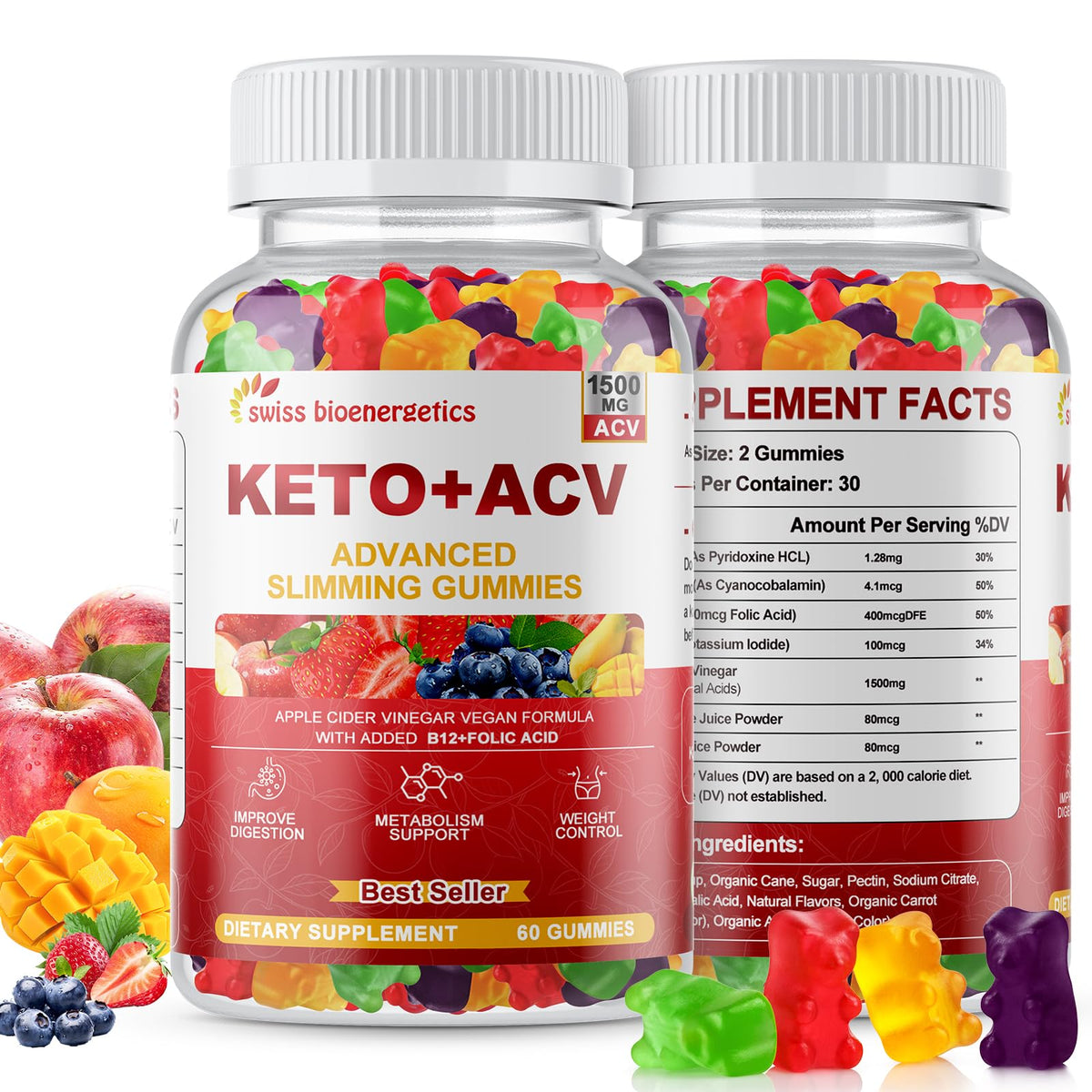 swiss bioenergetics frasco delantero de Keto ACV gummies mostrando etiqueta clara