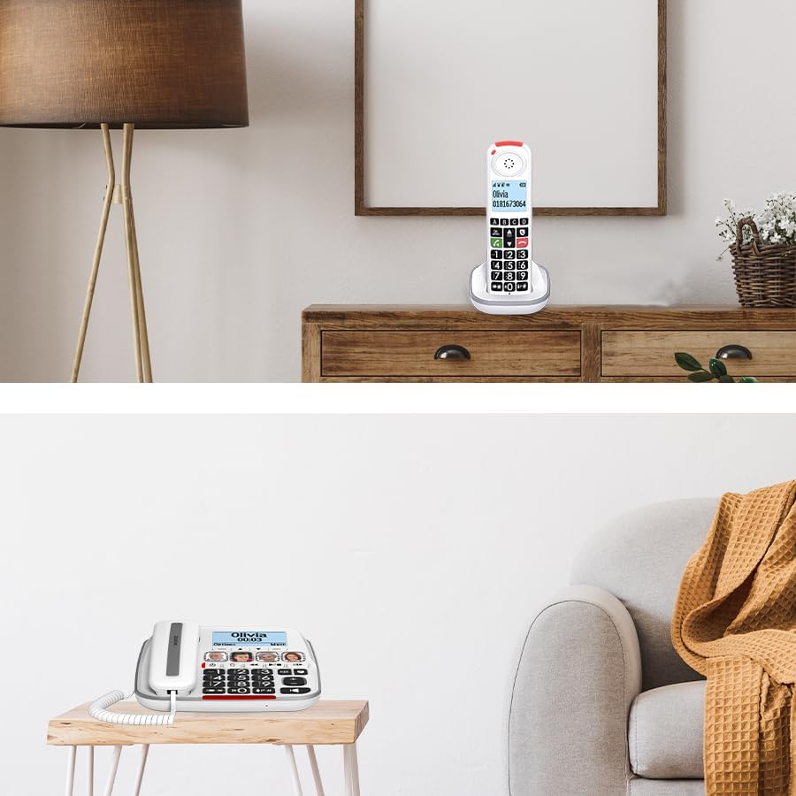 Swissvoice 3355 junto a una mano para escala, muestra tamaño y uso cómodo
