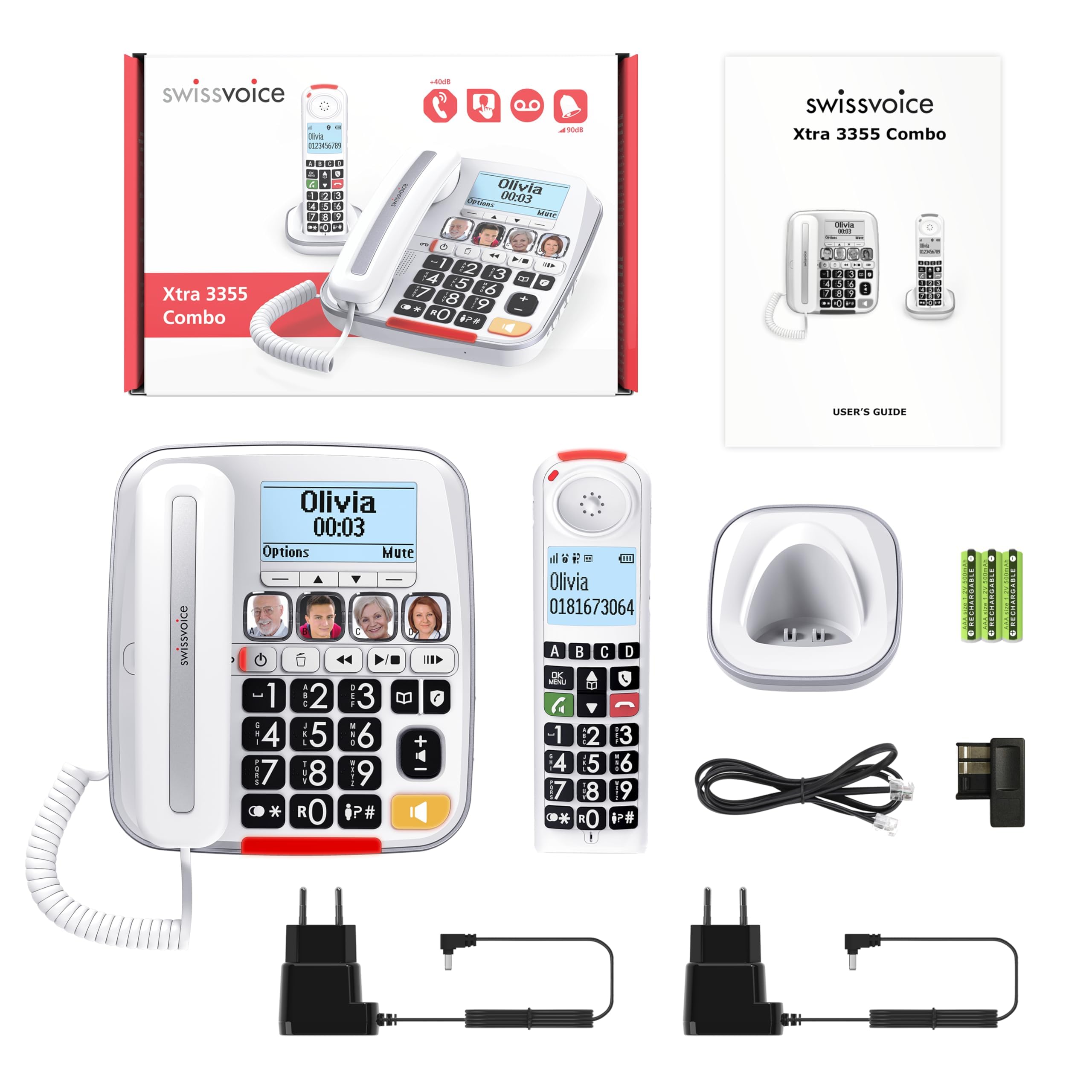 Swissvoice 3355 colocado en salón con persona mayor, uso cotidiano y tranquilidad