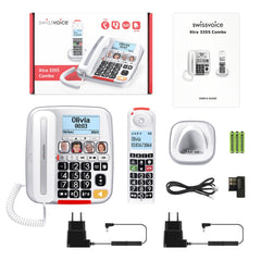 Swissvoice 3355 colocado en salón con persona mayor, uso cotidiano y tranquilidad