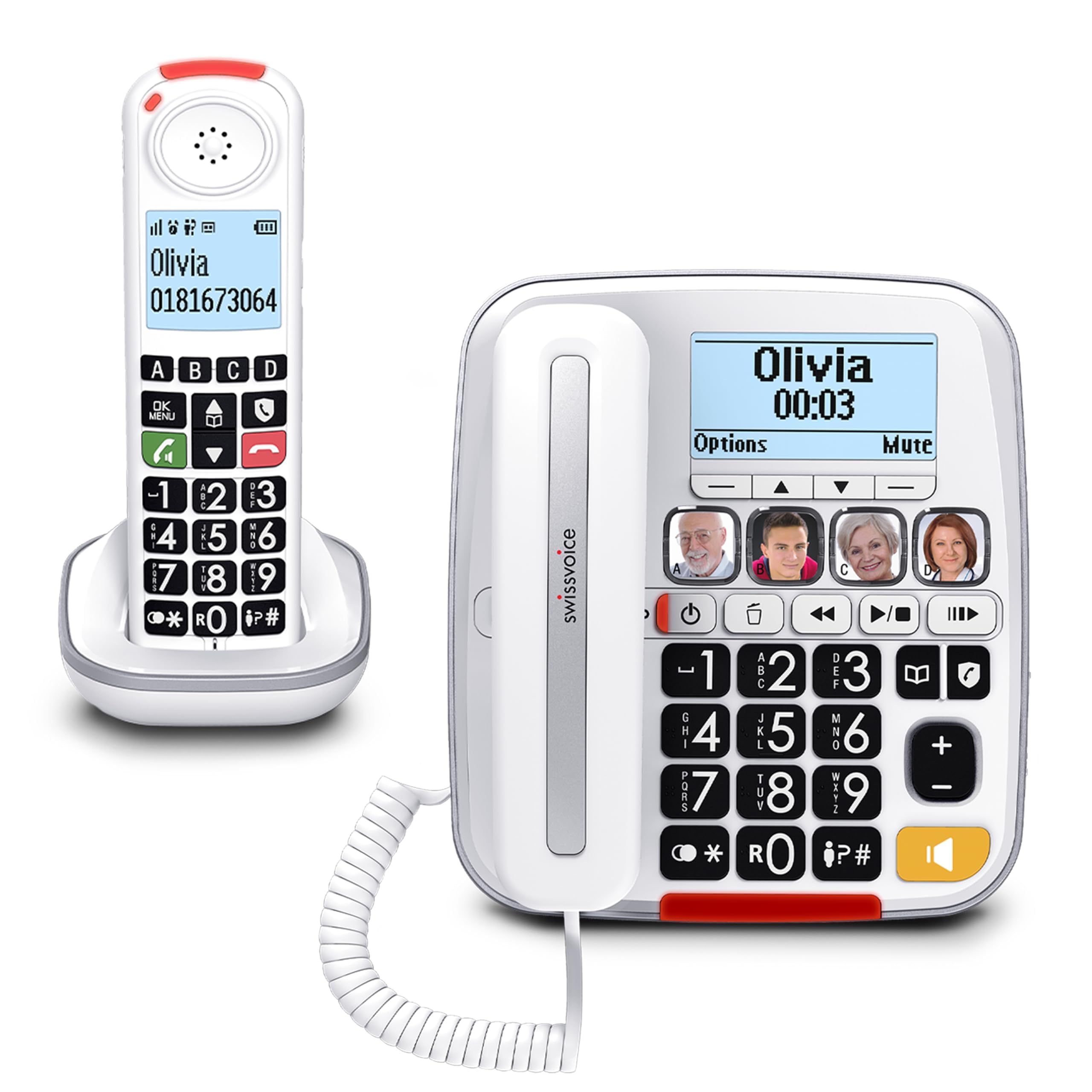Swissvoice 3355 vista frontal de la base con auricular y botones grandes, accesibilidad clara