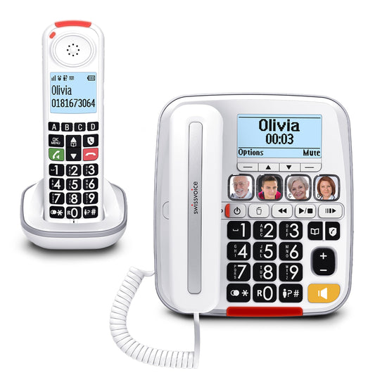 Swissvoice 3355 vista frontal de la base con auricular y botones grandes, accesibilidad clara