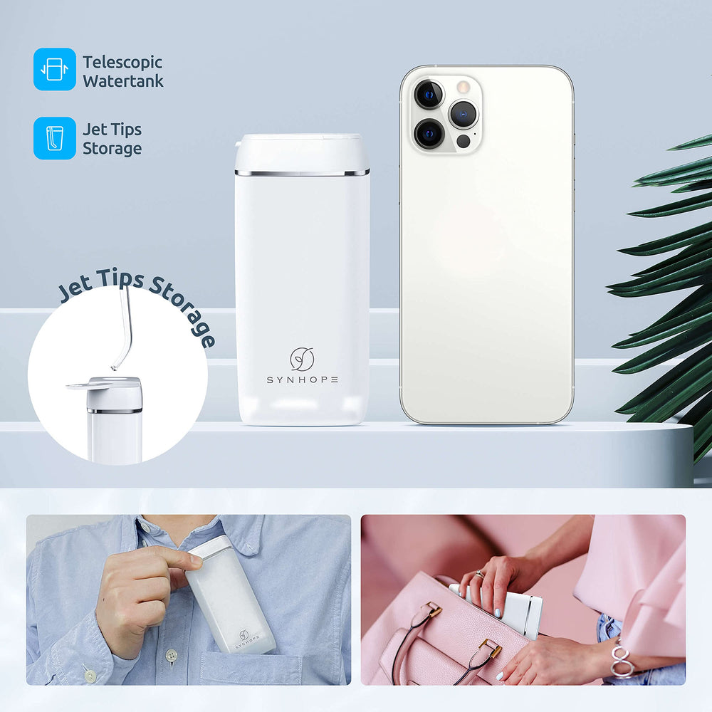 SYNHOPE irrigador en uso limpiando entre dientes, mejora la higiene interdental