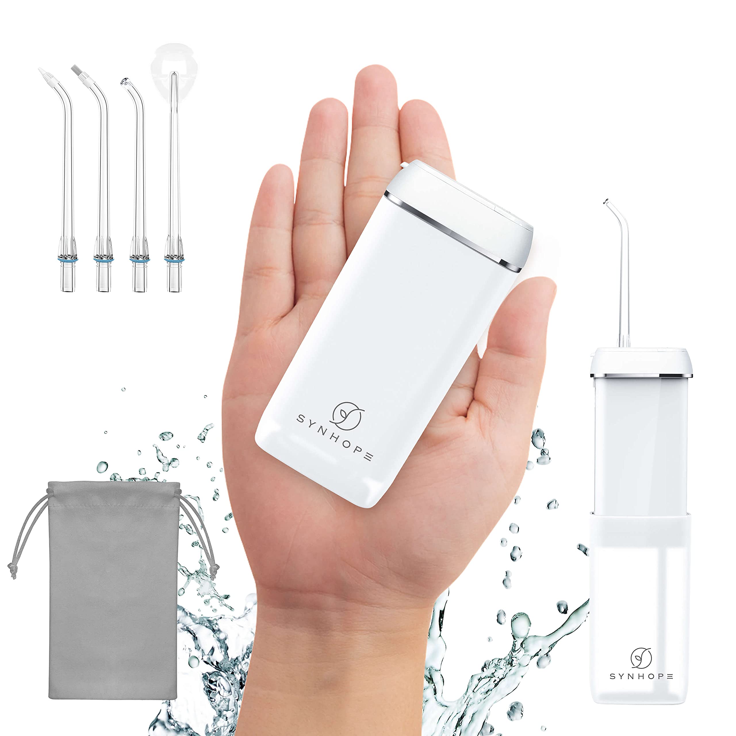 SYNHOPE vista frontal del irrigador portátil con empaque, compacto y práctico