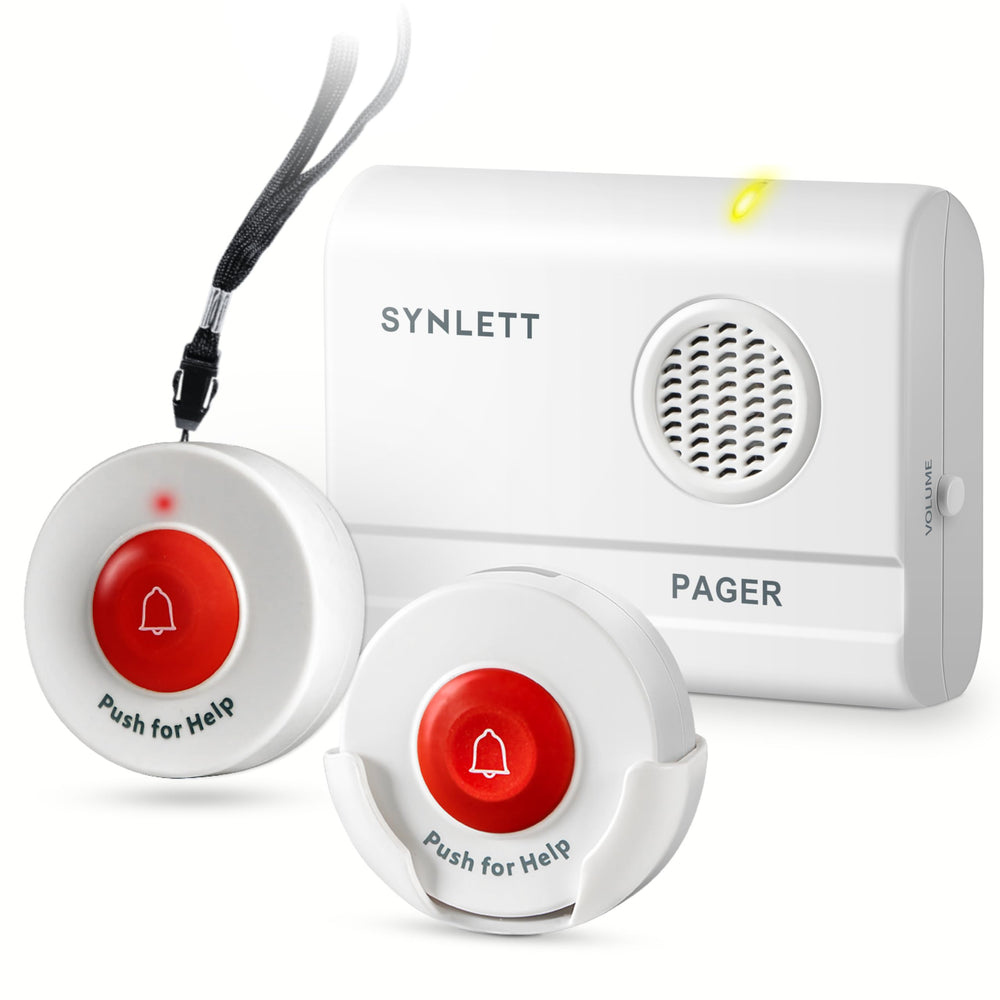 SYNLETT pager frontal mostrando controles y beneficio de alerta clara