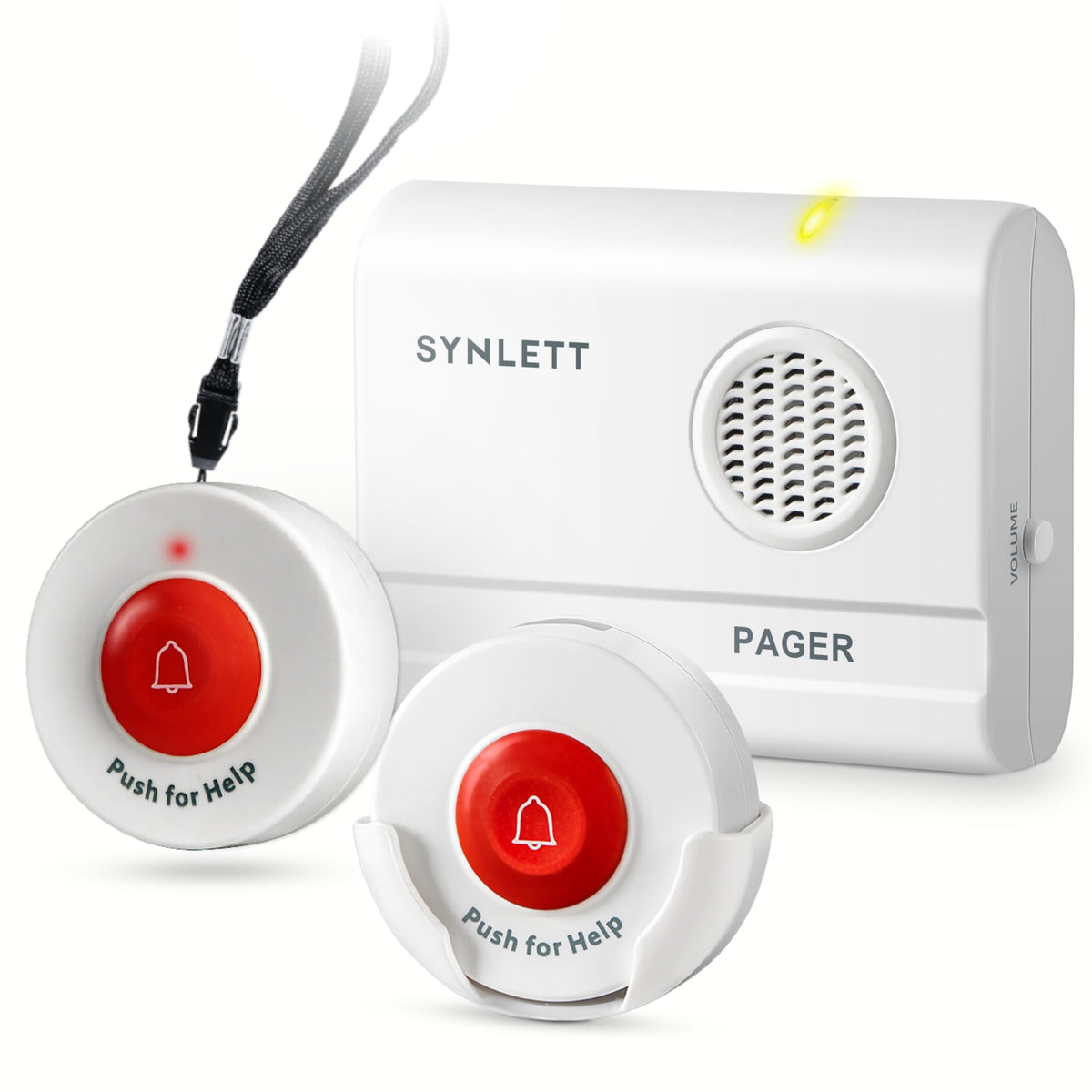 SYNLETT pager frontal mostrando controles y beneficio de alerta clara