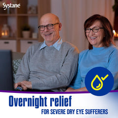 Systane aplicación nocturna en párpado que demuestra fácil uso antes de dormir y alivio nocturno