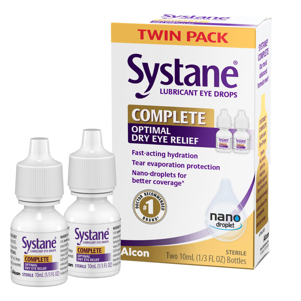 Systane Complete empaque frontal mostrando el tamaño portátil y alivio rápido