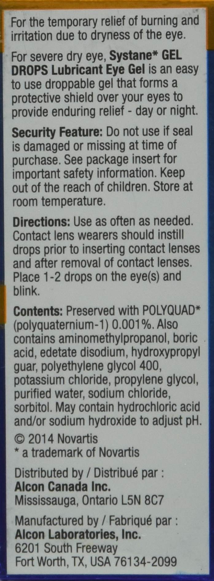 Systane etiqueta y instrucciones legibles para uso seguro y almacenamiento