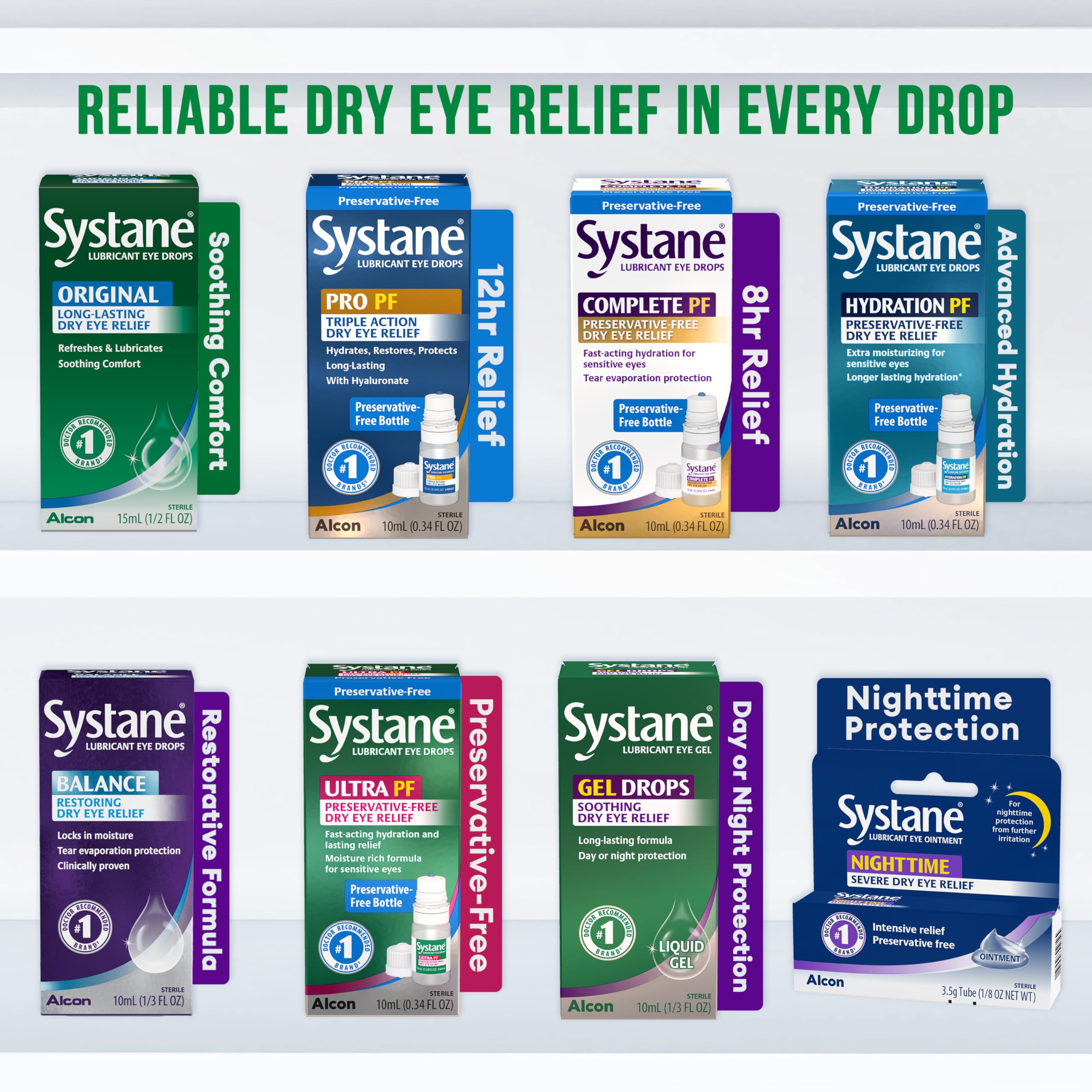 Systane persona aplicando gotas para alivio y confort