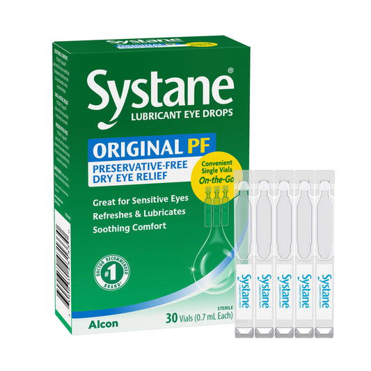Systane vial frontal mostrando envase estéril y alivio inmediato