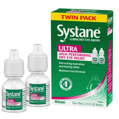 Systane Ultra paquete delantero mostrando dos frascos, alivio portátil