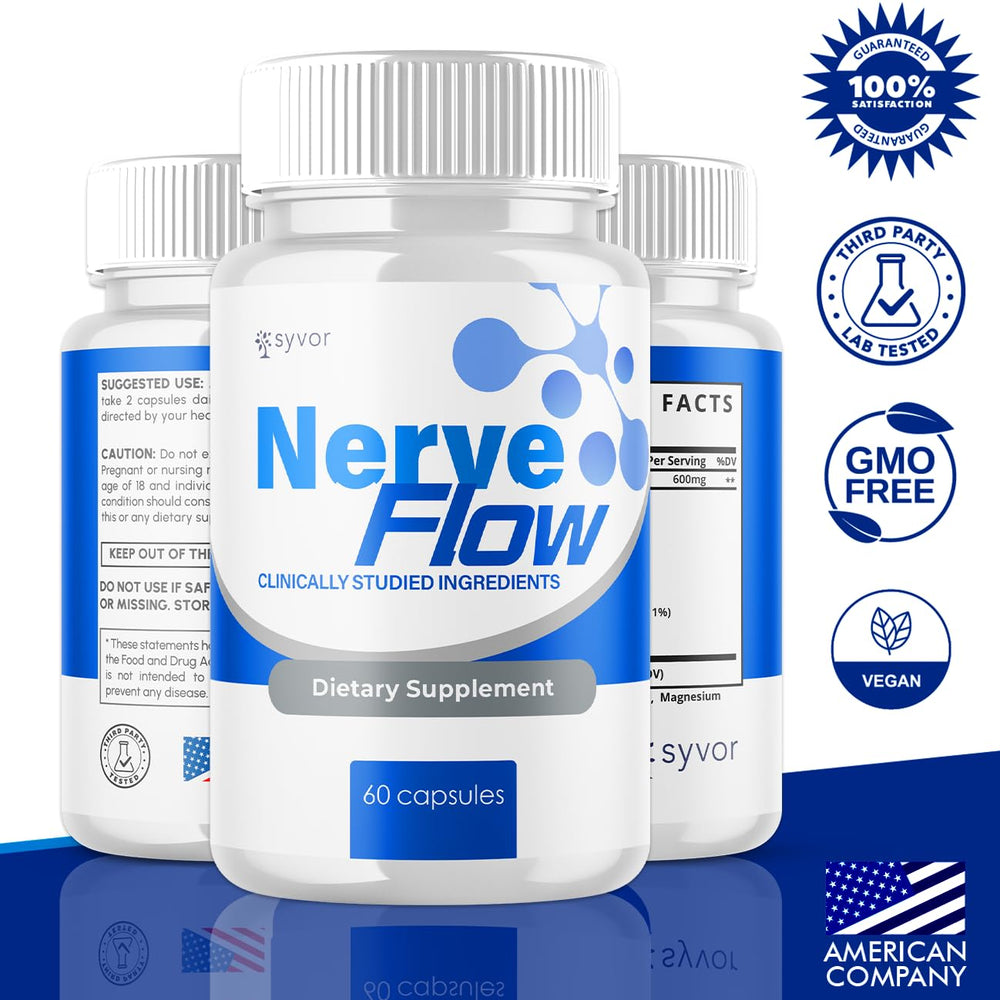 Syvor Nerve Flow primer plano de la etiqueta con ingredientes y beneficios visibles