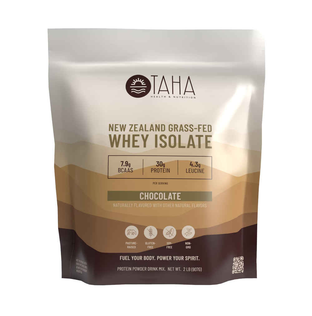 TAHA envase frontal chocolate mostrando 30 g proteína por porción y beneficios claros