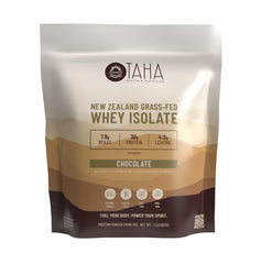 TAHA envase frontal chocolate mostrando 30 g proteína por porción y beneficios claros