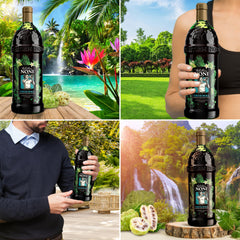 Tahitian Noni botella en ambiente tropical que evoca origen isleño