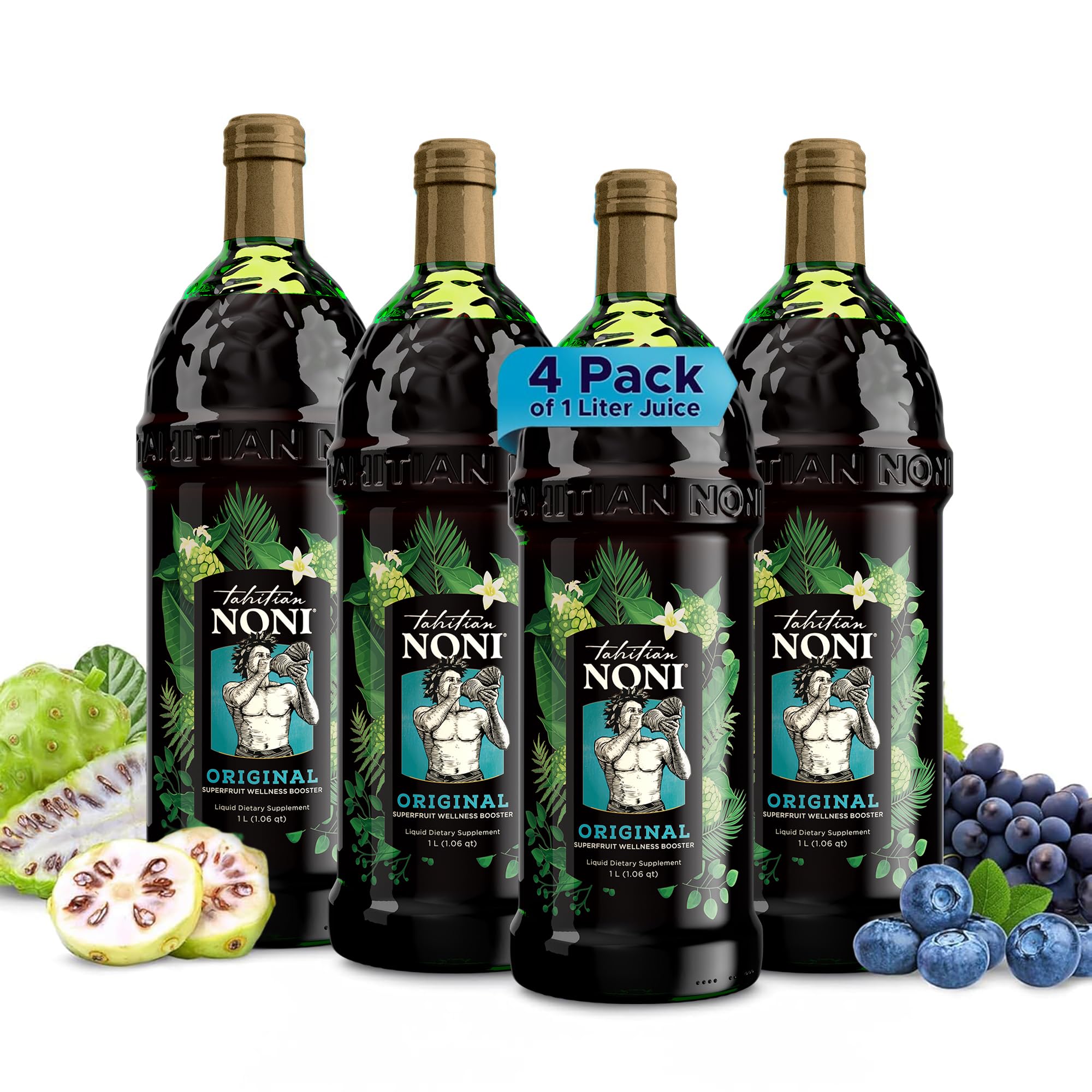 Tahitian Noni vista frontal de la botella mostrando etiqueta y beneficio natural