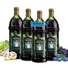 Tahitian Noni vista frontal de la botella mostrando etiqueta y beneficio natural